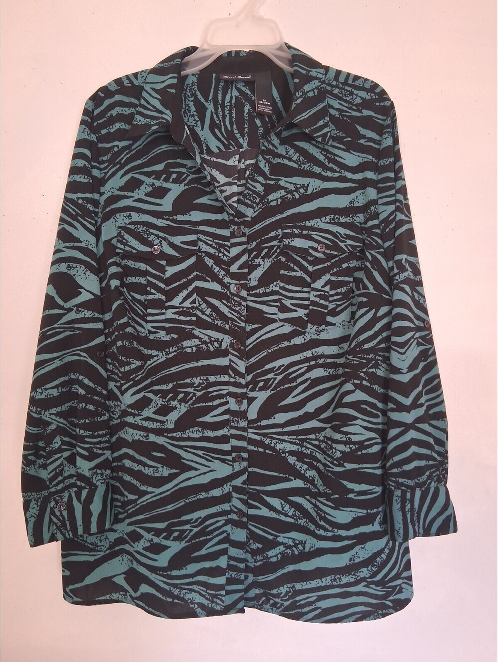 Maggie Barnes 1X Teal Black Zebra Print Button Front Roll Tab Sleeve Top